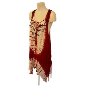 Vintage Sunflower Red White Tie Dye Embroidered Handkerchief Hem Boho Dress L
